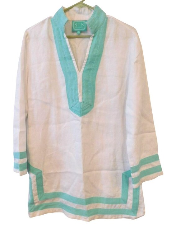 Sail to Sable Tops - Sail to Sable Womens Sz M Linen Tunic Blouse White Teal Trim Coastal Preppy Reso